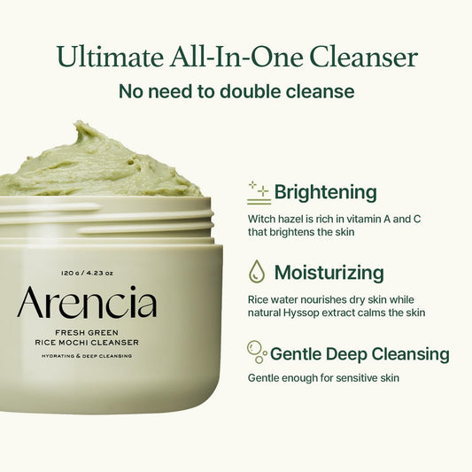 Korean Rice Mochi Multifunctional Face Cleanser - Deep Cleansing Foaming Cleanser, Gentle Scrub, and Face Mask with Rice Water, Green Tea, and Mugwort for Moisturizing and Pore Minimizing