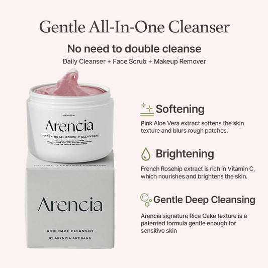 Rosehip Brightening Rice Mochi Face Cleanser and Daily Exfoliating Scrub - Moisturizing and Deep-Cleansing Formula for All Skin Types with Rice Powder and Rice Water (1.76 Oz)